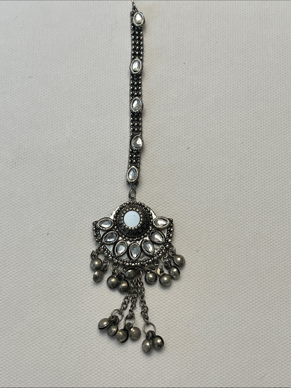 M Silver-tone Mirror Tikka Pendant Hairpiece - Silver tiny bells - Belly Dance
